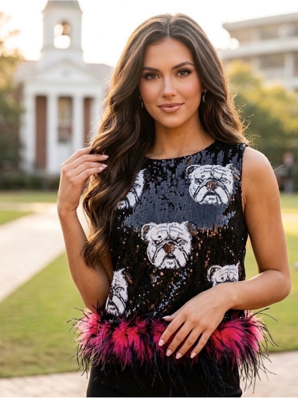 New! QUEEN OF SPARKLES Black Bulldog Red Feather Game Day Tank Top